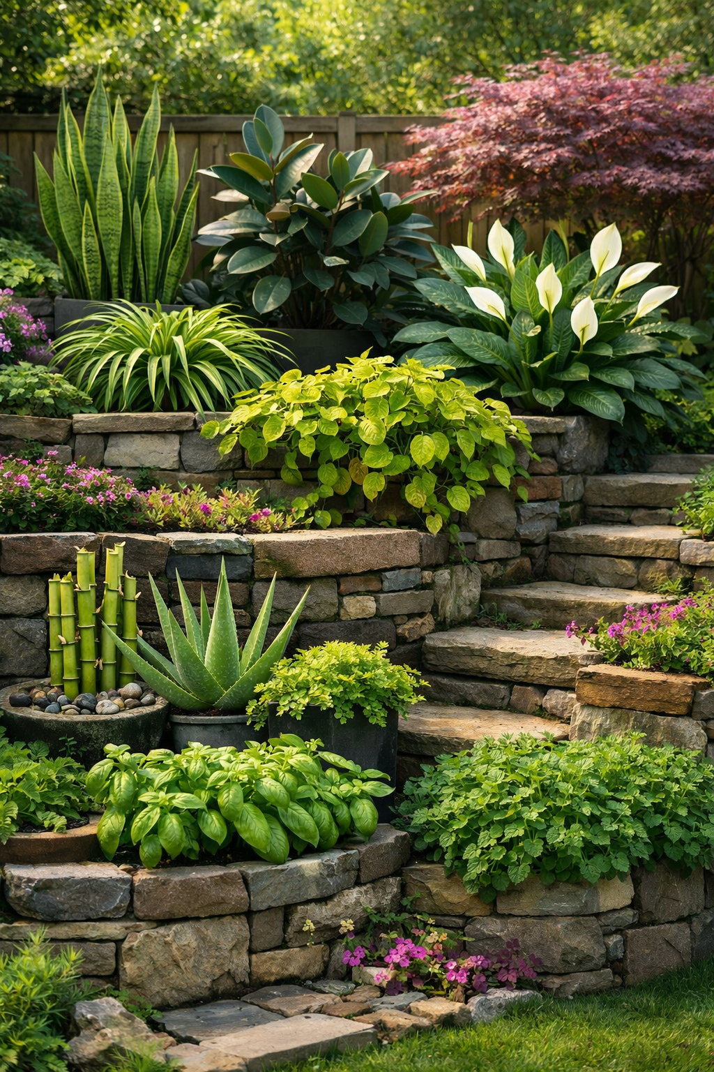 Layered Backyard Garden with 10 Trees
